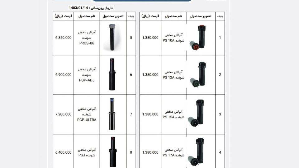 لیست قیمت ها بازرگانی راج آب